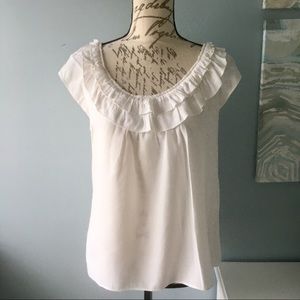 Anthropologie White Ruffle Scoop Neck Blouse